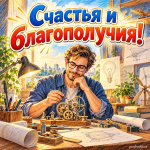 День изобретателя и рационализатора — открытка «Счастья и благополучия!» с инженером за творческим рабочим столом
