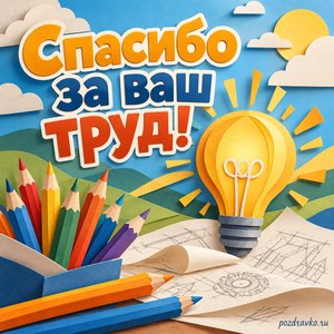 День изобретателя и рационализатора — открытка «Спасибо за ваш труд!» с лампочкой и цветными карандашами