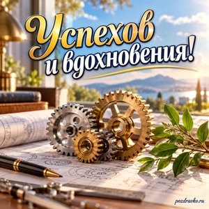 День изобретателя и рационализатора — открытка «Успехов и вдохновения!» с аккуратными шестерёнками и зелёной веточкой