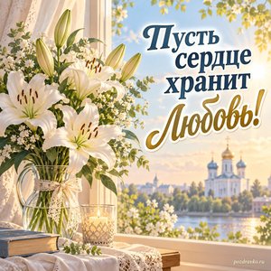 День Казанской иконы Божией Матери — открытка «Пусть сердце хранит любовь!» с букетом лилий у солнечного окна