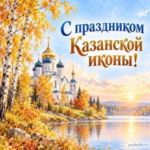 День Казанской иконы Божией Матери — открытка «С праздником Казанской иконы!» с храмом среди золотых берёз