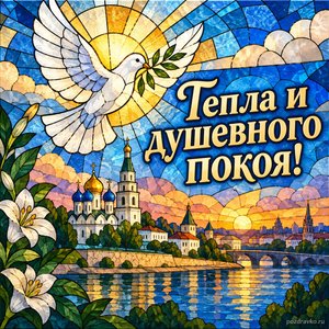 День Казанской иконы Божией Матери — открытка «Тепла и душевного покоя!» с голубем над тихим городом