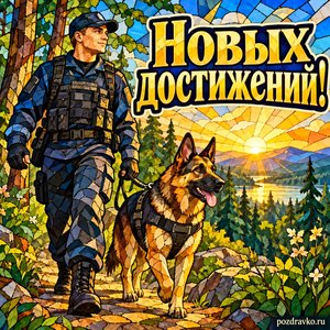 День кинолога МВД — открытка «Новых достижений!» с проводником и собакой на лесной тропе День кинолога МВД — открытка «Новых достижений!» с проводником и собакой на лесной тропе