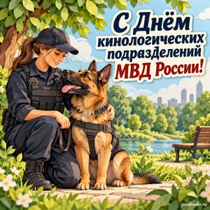 День кинолога МВД — открытка «С Днём кинологических подразделений МВД России!» с собакой рядом с проводником в зелёном парке День кинолога МВД — открытка «С Днём кинологических подразделений МВД России!» с собакой рядом с проводником в зелёном парке