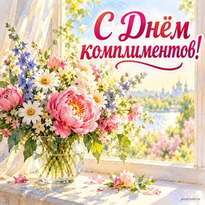 День комплиментов — открытка «С Днём комплиментов!» с ярким букетом в солнечном окне