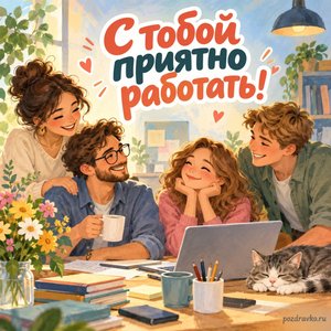 День комплиментов — открытка «С тобой приятно работать!» с коллегами за уютным рабочим столом