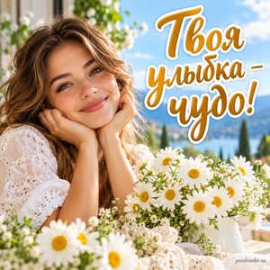 День комплиментов — открытка «Твоя улыбка — чудо!» с девушкой и нежными ромашками
