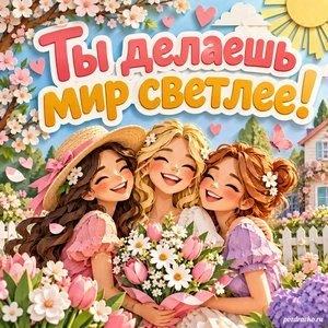 День комплиментов — открытка «Ты делаешь мир светлее!» с улыбающимися друзьями в цветущем саду