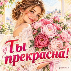 День комплиментов — открытка «Ты прекрасна!» с женщиной и большим букетом пионов