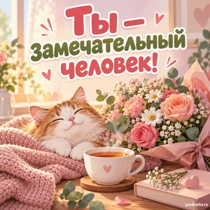 День комплиментов — открытка «Ты — замечательный человек!» с чашкой чая и тёплым букетом