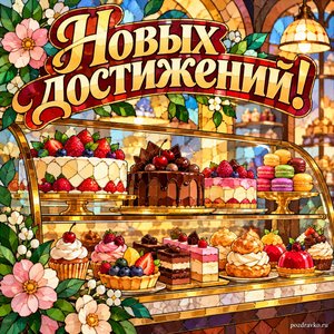День кондитера — открытка «Новых достижений!» с кондитерской витриной без вывески