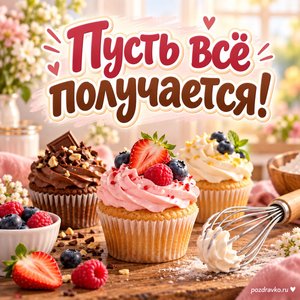 День кондитера — открытка «Пусть всё получается!» с кексами и венчиком на деревянном столе