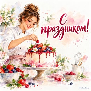 День кондитера — открытка «С праздником!» с кондитером, украшающим ягодный торт