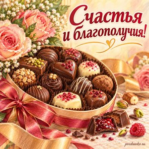 День кондитера — открытка «Счастья и благополучия!» с шоколадными конфетами ручной работы
