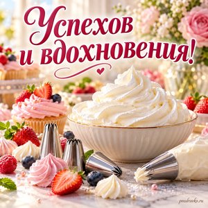 День кондитера — открытка «Успехов и вдохновения!» с воздушным кремом и кондитерскими насадками