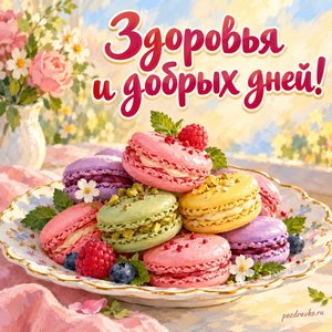День кондитера — открытка «Здоровья и добрых дней!» с цветными макаронами на фарфоровом блюде