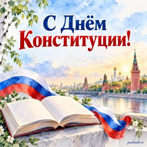 День Конституции России — открытка «С Днём Конституции!» с раскрытой книгой без букв и российской трёхцветной лентой