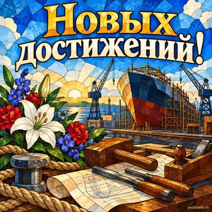 День кораблестроителя — открытка «Новых достижений!» с аккуратными инструментами и цветами