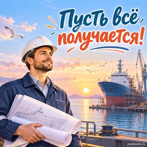 День кораблестроителя — открытка «Пусть всё получается!» с инженером на фоне спокойного морского горизонта