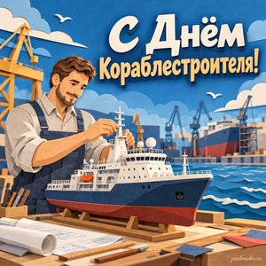 День кораблестроителя — открытка «С Днём кораблестроителя!» с кораблестроителем у макета судна