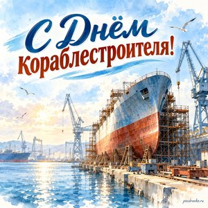 День кораблестроителя — открытка «С Днём кораблестроителя!» с строящимся кораблём на верфи