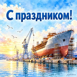 День кораблестроителя — открытка «С праздником!» с строящимся кораблём на верфи