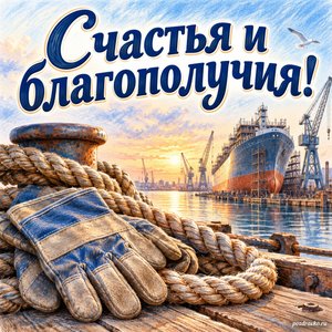 День кораблестроителя — открытка «Счастья и благополучия!» с рабочими перчатками и морским канатом