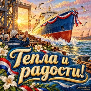 День кораблестроителя — открытка «Тепла и радости!» с спущенным на воду судном в мягком свете