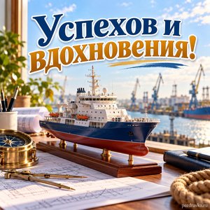 День кораблестроителя — открытка «Успехов и вдохновения!» с небольшим корабельным макетом на столе