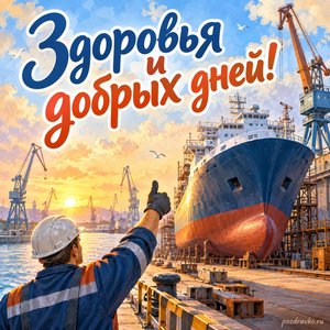 День кораблестроителя — открытка «Здоровья и добрых дней!» с кораблём у современного дока