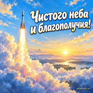 День космических войск — открытка «Чистого неба и благополучия!» с силуэтом ракеты над утренними облаками