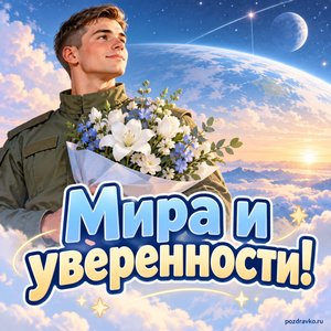 День космических войск — открытка «Мира и уверенности!» с военнослужащим в нейтральной форме и цветами