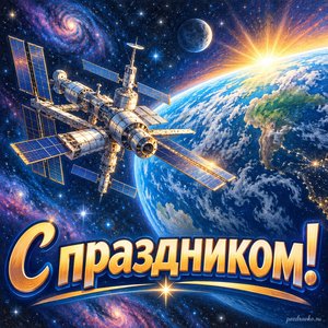День космических войск — открытка «С праздником!» с космической станцией и сияющей планетой