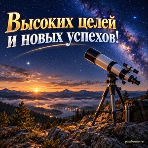 День космических войск — открытка «Высоких целей и новых успехов!» с телескопом под звёздным небом