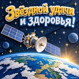 День космических войск — открытка «Звёздной удачи и здоровья!» со спутником над голубой Землёй