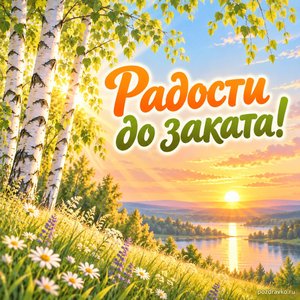 День летнего солнцестояния — открытка «Радости до заката!» с солнечными лучами среди берёз