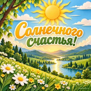День летнего солнцестояния — открытка «Солнечного счастья!» с солнцем над зелёной долиной