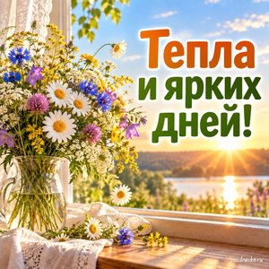 День летнего солнцестояния — открытка «Тепла и ярких дней!» с букетом полевых цветов у окна