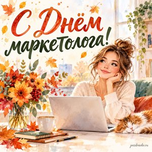 День маркетолога — открытка «С Днём маркетолога!» с маркетологом у ноутбука без букв и осенним букетом