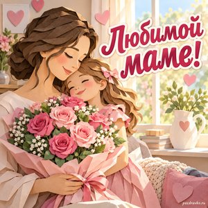 День матери — открытка «Любимой маме!» с нежным букетом роз у окна