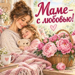 День матери — открытка «Маме — с любовью!» с корзиной пионов и мягким пледом