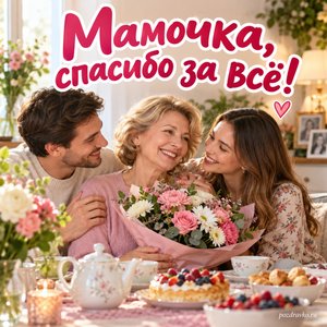 День матери — открытка «Мамочка, спасибо за всё!» с мамой и взрослыми детьми за чайным столом