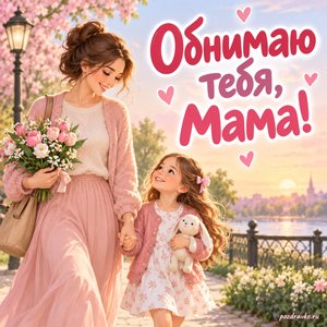 День матери — открытка «Обнимаю тебя, мама!» с мамой и дочкой на прогулке
