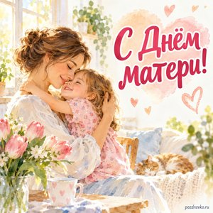 День матери — открытка «С Днём матери!» с мамой и ребёнком в солнечной комнате