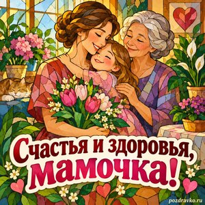 День матери — открытка «Счастья и здоровья, мамочка!» с мамой и бабушкой среди домашних цветов