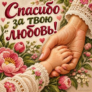 День матери — открытка «Спасибо за твою любовь!» с мамиными руками и детской ладошкой