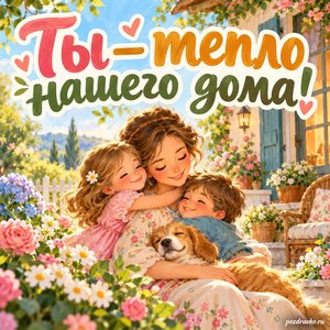 День матери — открытка «Ты — тепло нашего дома!» с уютным домом и цветущим садом