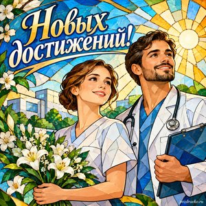 День медика — открытка «Новых достижений!» с врачом и медсестрой в нейтральной форме