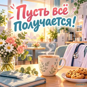День медика — открытка «Пусть всё получается!» с чашкой чая в комнате отдыха медиков