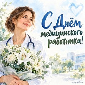 День медика — открытка «С Днём медицинского работника!» с врачом и букетом белых цветов